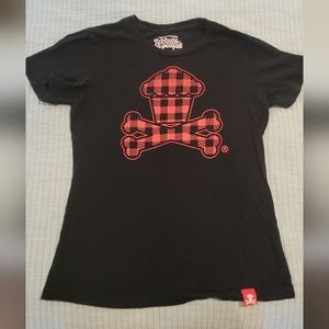 Johnny Cupcakes Women’s Red & Black Plaid Cupcake Logo T-Shirt large